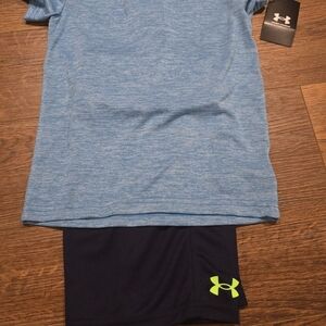 Under Armour Heather Blue Tee and Navy Shorts